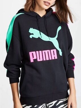 Puma Black Hoodie with Green Logo and Black Drawstrings
